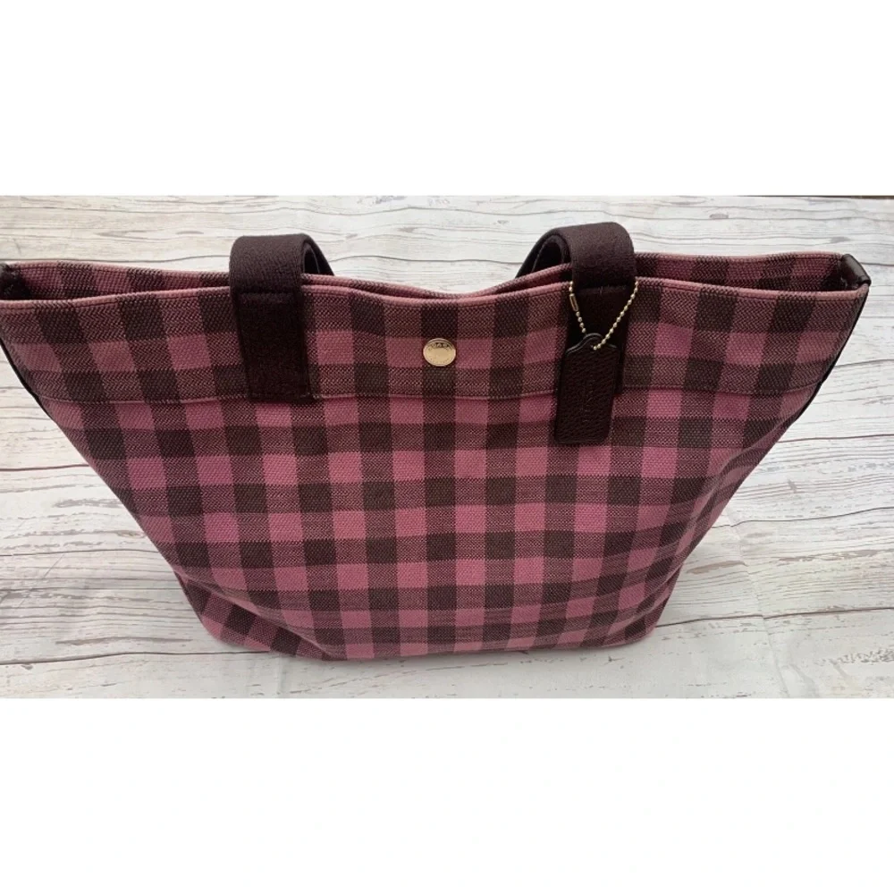 Coach Gingham Pink Tote Bag With Coach Leather Tag - Picture 3 of 14
